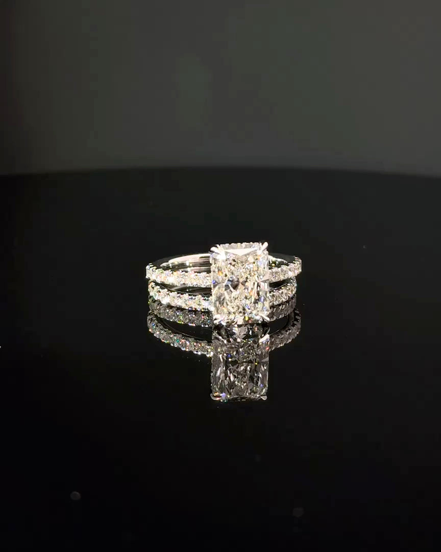 radiant cut diamond custom engagement ring platinum front view
