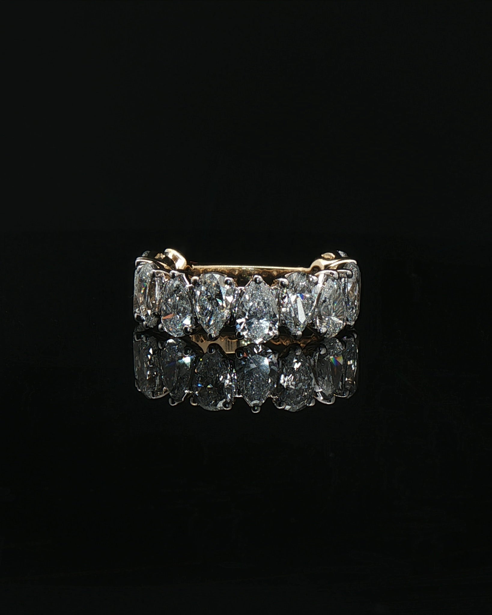 inverted pear cut diamond custom wedding band 14k yellow gold front view