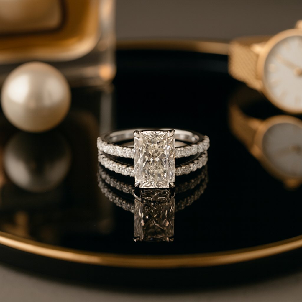 radiant cut diamond custom engagement ring platinum on hand view