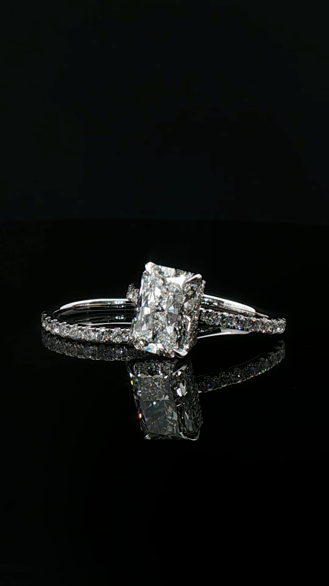 radiant cut diamond multistone custom engagement ring platinum front view