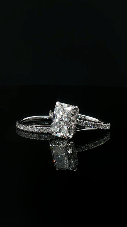 radiant cut diamond multistone custom engagement ring platinum front view
