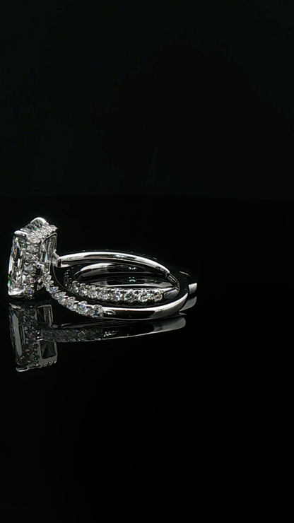 radiant cut diamond multistone custom engagement ring platinum side view
