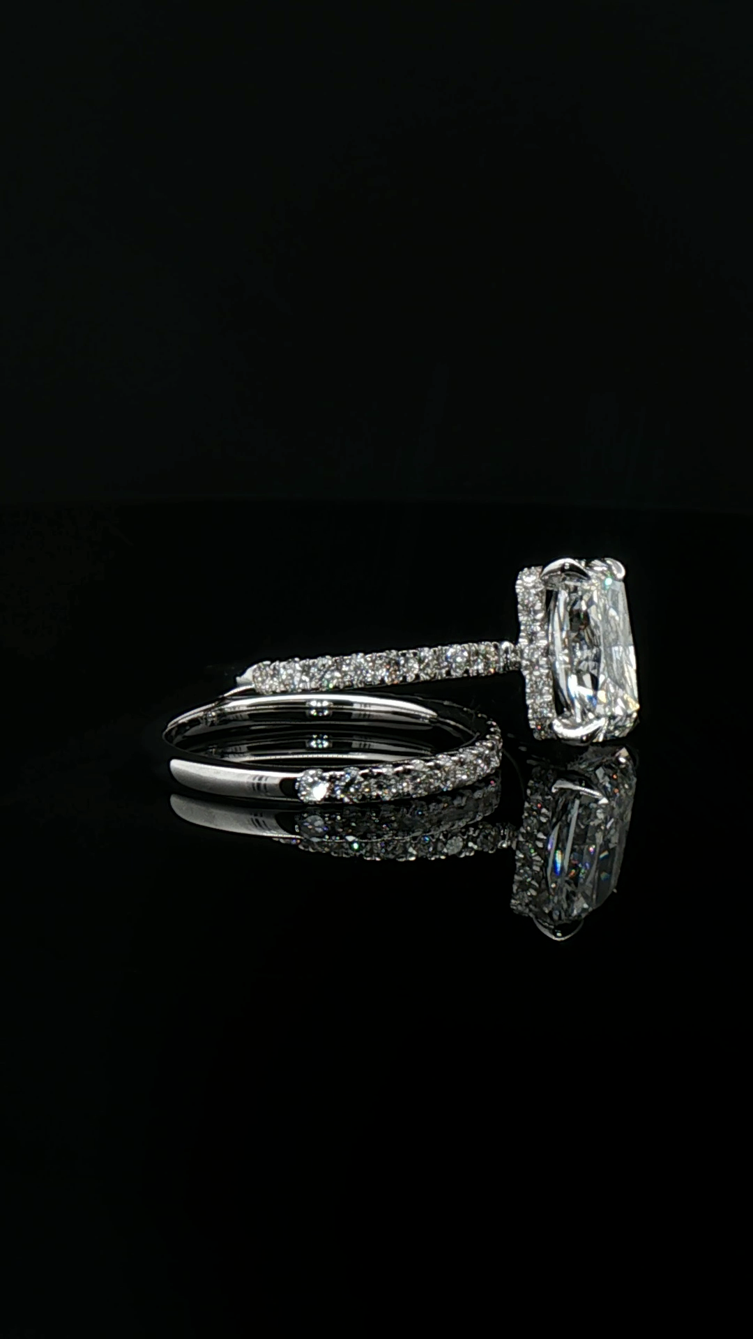 radiant cut diamond multistone custom engagement ring platinum detail