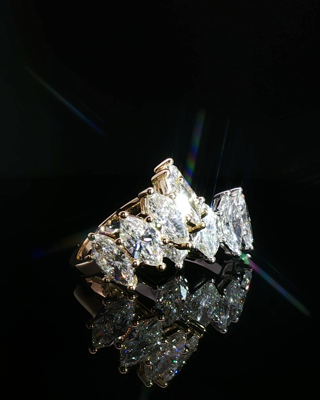 marquise cut diamond multistone custom ring yellow gold detail view