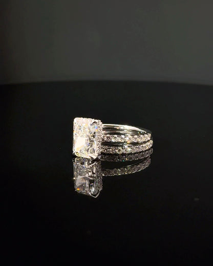 radiant cut diamond custom engagement ring platinum detail view