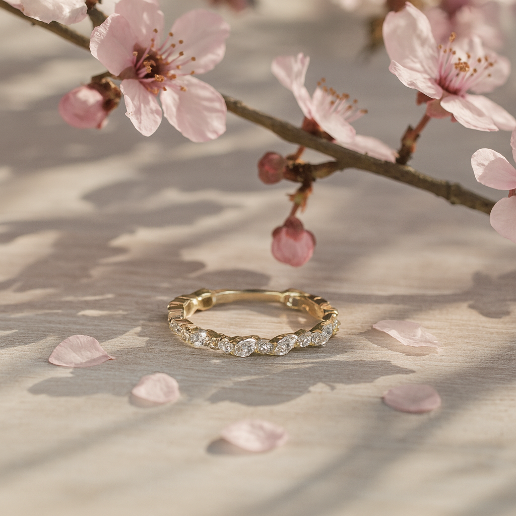 oval cut diamond eternity ring yellow gold custom wedding band detail