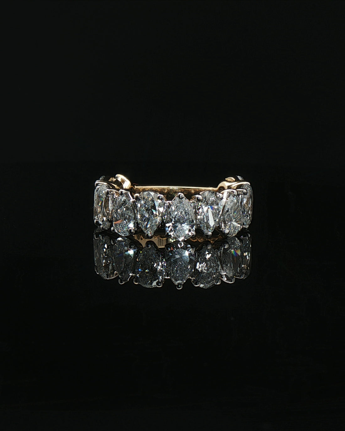 inverted pear cut diamond custom wedding band 14k yellow gold front view