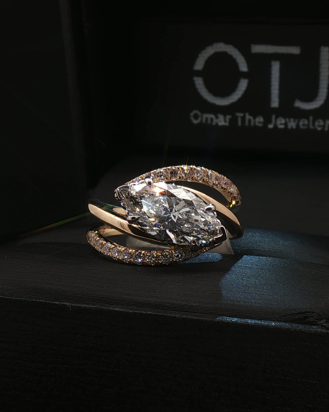 marquise cut diamond custom engagement ring 14k yellow gold tilted setting front view